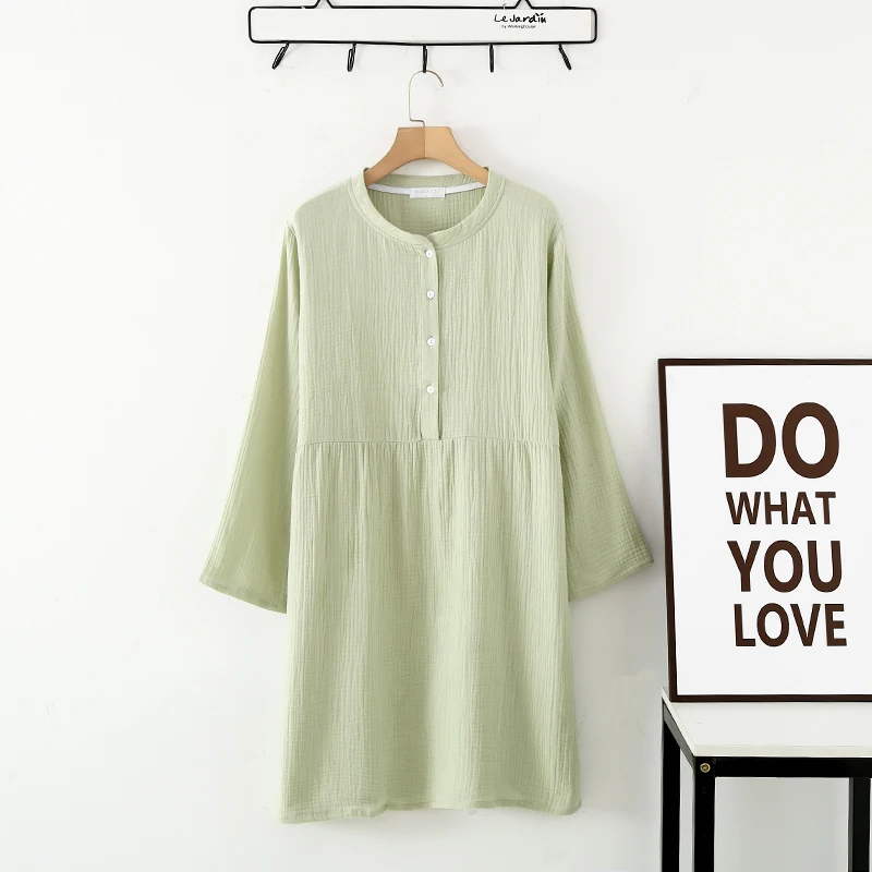 Top Trends: Spring And Autumn Women's Long Sleeve Nightdress 100% Cotton Crepe Round Neck Button Solid Color Dress Home Dress Nightgown Dress Shoppable Styles