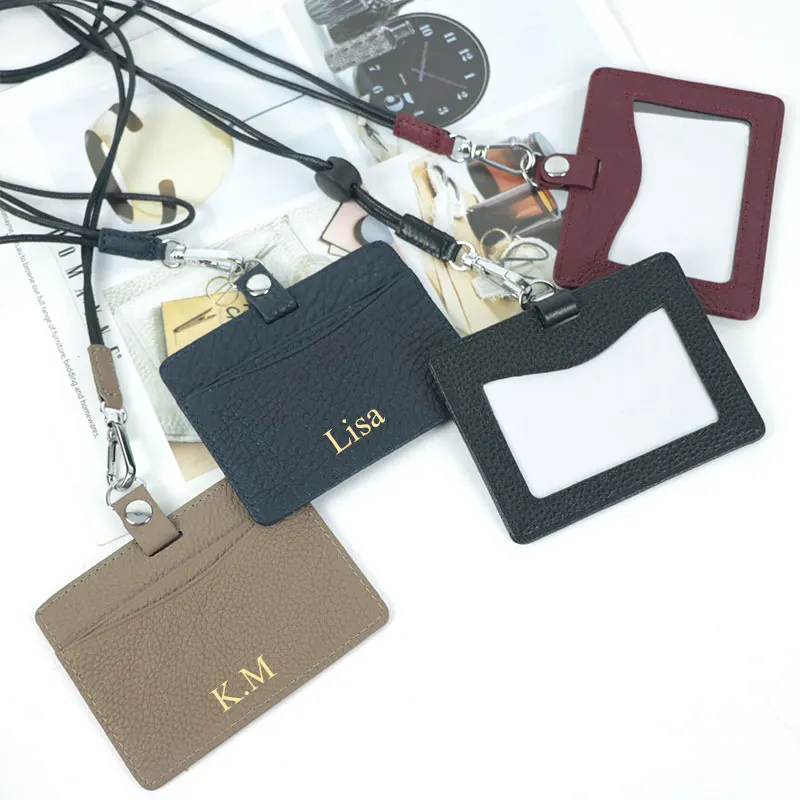 Top Trends: Custom Name Genuine Leather Ultra Thin Square CardHolder Employee Tag Hanging Chest Retractable Lanyard Work Certificate Holder Shoppable Styles