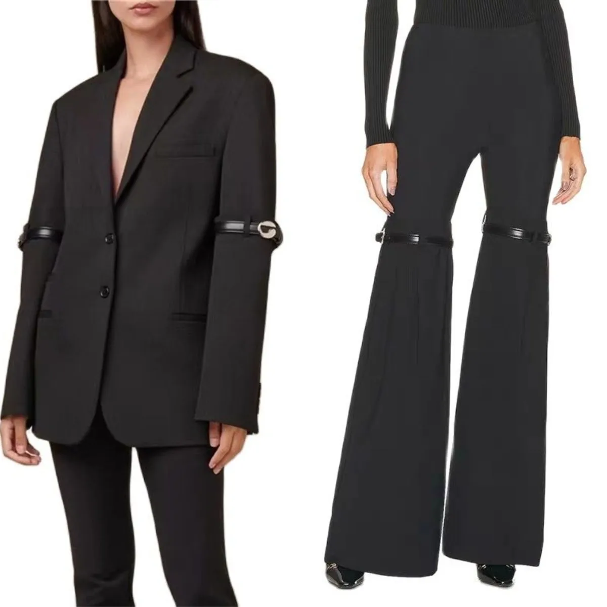 Top Trends: Cool Black Women Suits Set 2 Pieces Jacket+ Flare Pants Belt Buckle Blazer+ Elastic Waist Trousers Haute Couture Shoppable Styles