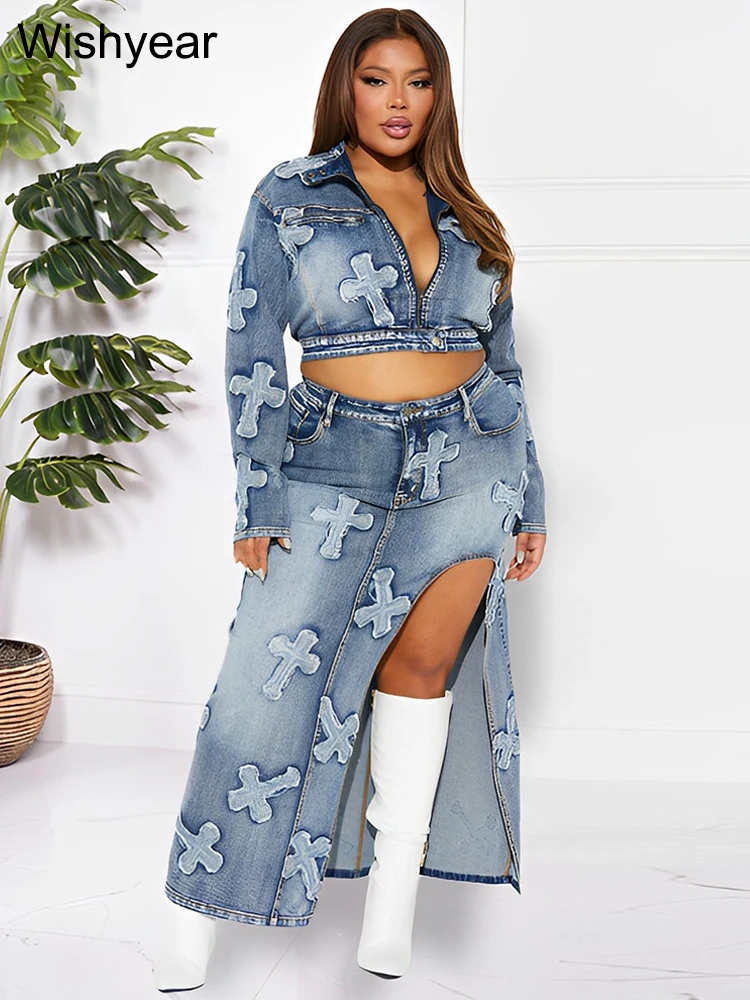 Top Trends: Women Long Sleeve Zipper Jackets Crop Tops And Side Split Maxi Pencil Skirts Two Piece Skirt Set Tassel Embroidery Denim Suits Shoppable Styles