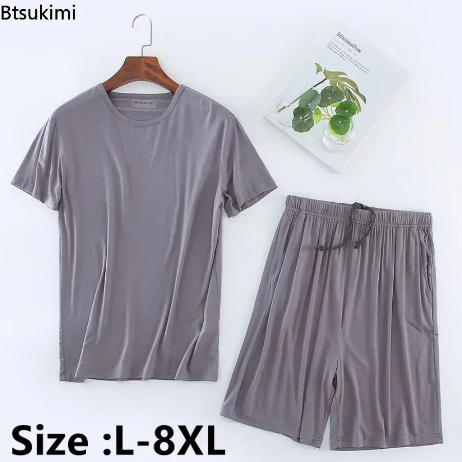 Top Trends: 2024 Men's Summer Casual Sleepwear Sets Solid HomeWear Suits 2pcs Modal T-shirt And Shorts Oversized Summer Pajamas Male L-8XL Shoppable Styles