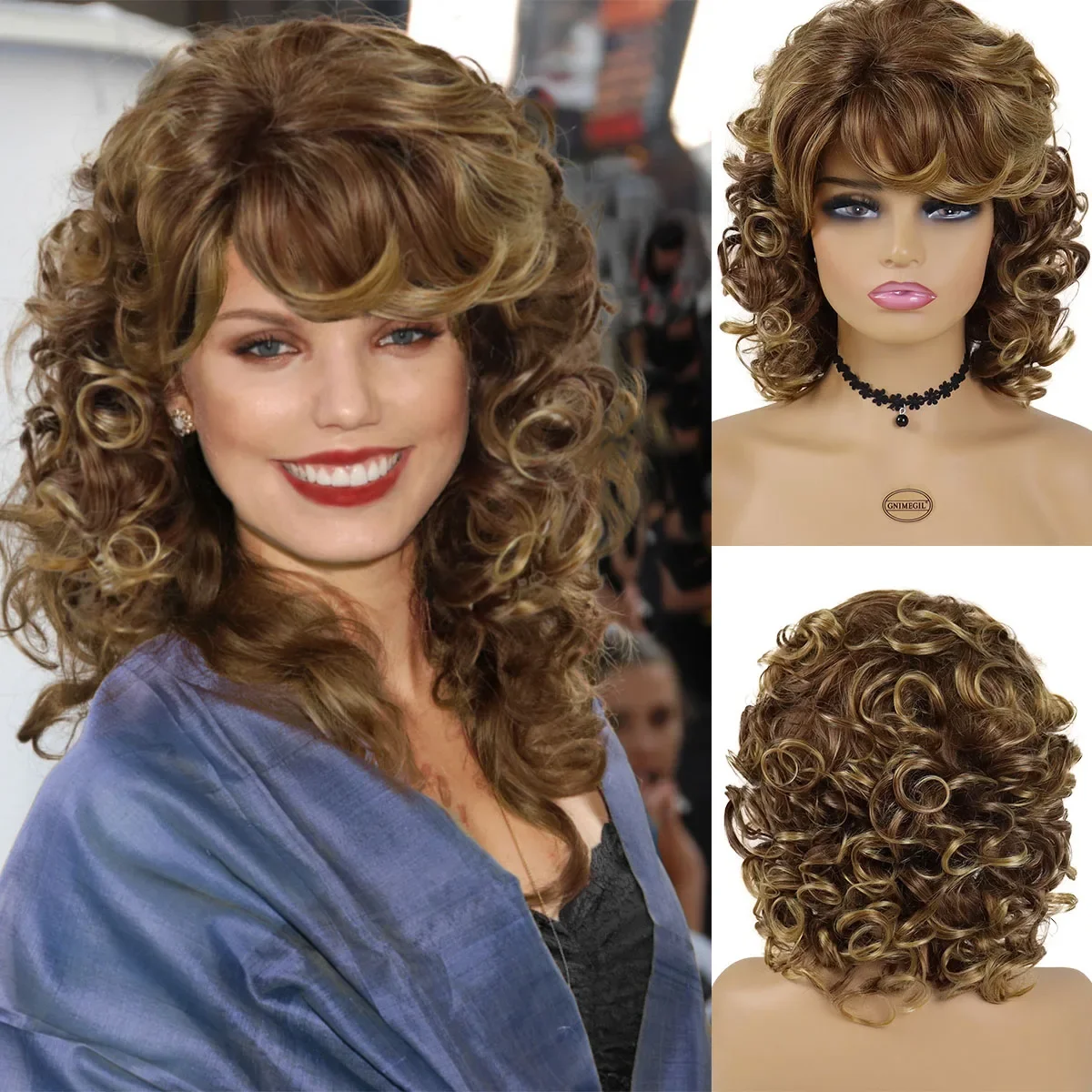 Top Trends: GNIMEGIL Synthetic Hair Mix Brown Short Curly Wigs For Women African American Wig Afro Curl Natural Wig With Bangs Can Be Permed Shoppable Styles