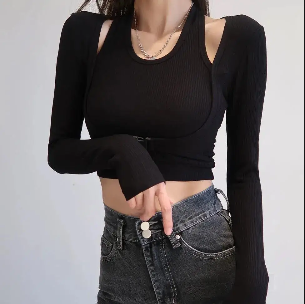 Top Trends: Fake Two Piece Halterneck Knitted Tops Women Casual Solid Color Skinny Crop Tops Long Sleeved T-shirt Female Shoppable Styles