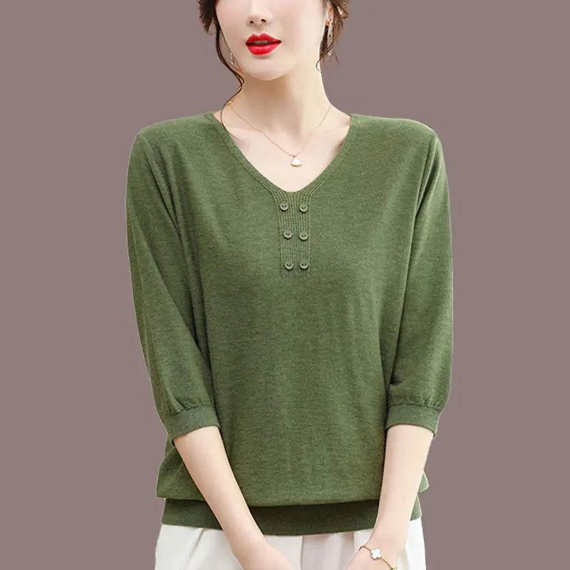 Top Trends: Big Size Women All-match Knitted T-shirt Korean Fashion Summer New Female Clothing Half Sleeve V-Neck Solid Vintage Pullover Top Shoppable Styles