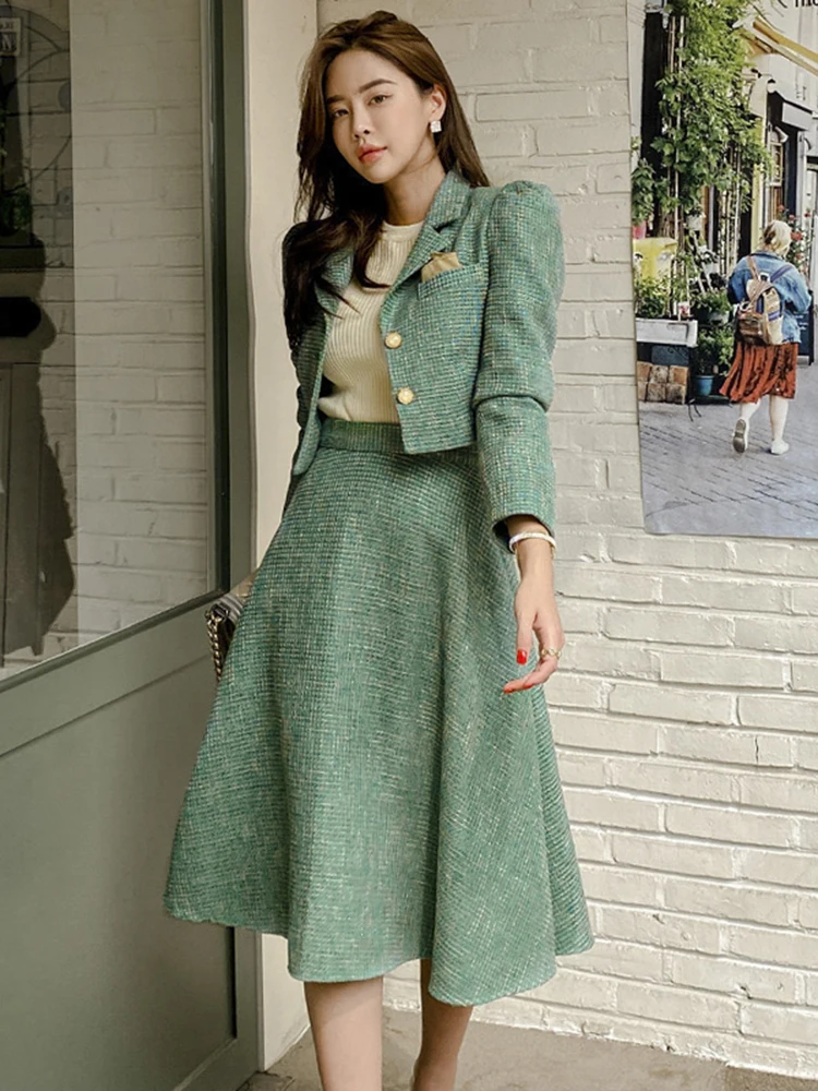 Top Trends: QOERLIN Elegant Woolen Autumn Winter 2 Piece Sets Short Tweed Jacket Coat A-Line Skirt Suit Korean Elegant Two Piece Outfit 2023 Shoppable Styles