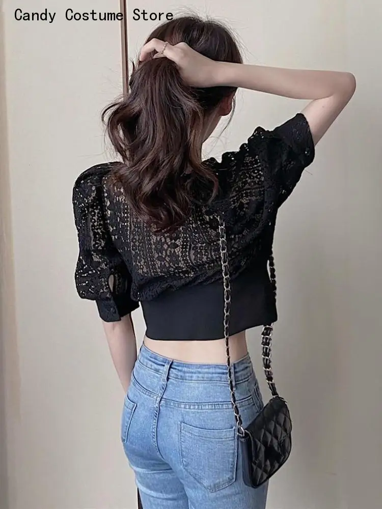 Top Trends: Out Shirt Vintage Puff Sleeve Korean Women Shirts Fashion Chic Tops Crochet Top Blouse Women Sexy Hollow Shoppable Styles - Image 5