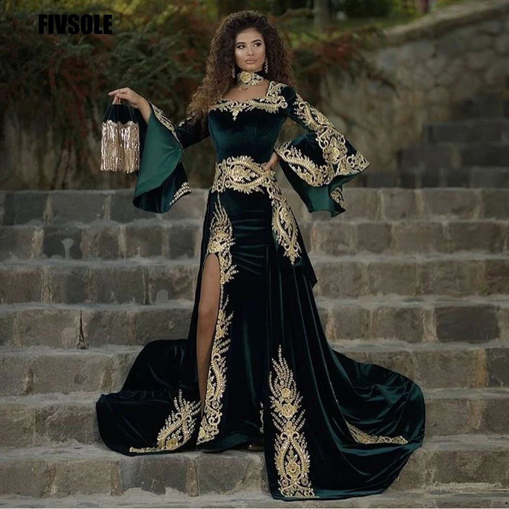 Top Trends: Fivsole Arabic Evening Dress With Detachable Skirt Green Appliques Caftan Marocain De Soirée Long Sleeve Velvet Prom Party Gowns Shoppable Styles