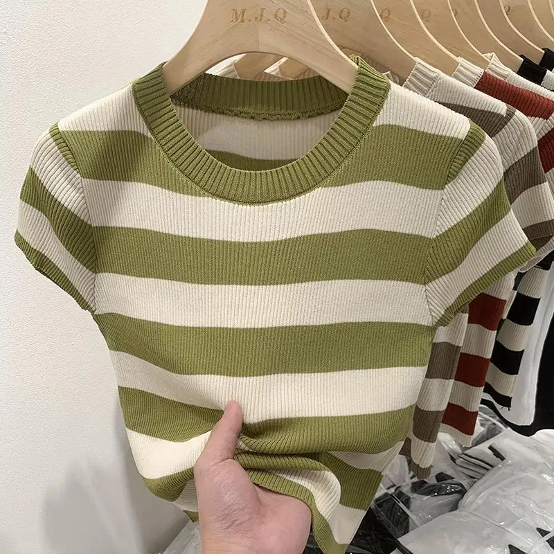 Top Trends: Fashion Women Short Striped Bottoming T-shirt Summer New Korean Vintage Tees Casual All-match Short Sleeve Pullover Knitted Tops Shoppable Styles