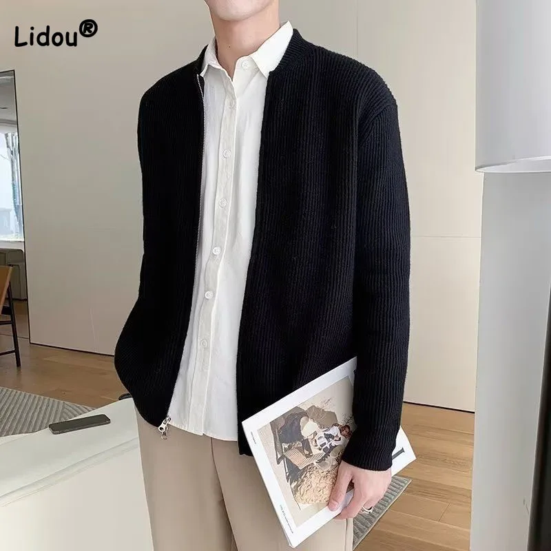 Top Trends: Autumn Winter Male Clothes Fashion Zipper Spliced Solid Color Knitted Cardigan Tops Men&#039;s Simplicity Trend Long Sleeve Sweaters Shoppable Styles