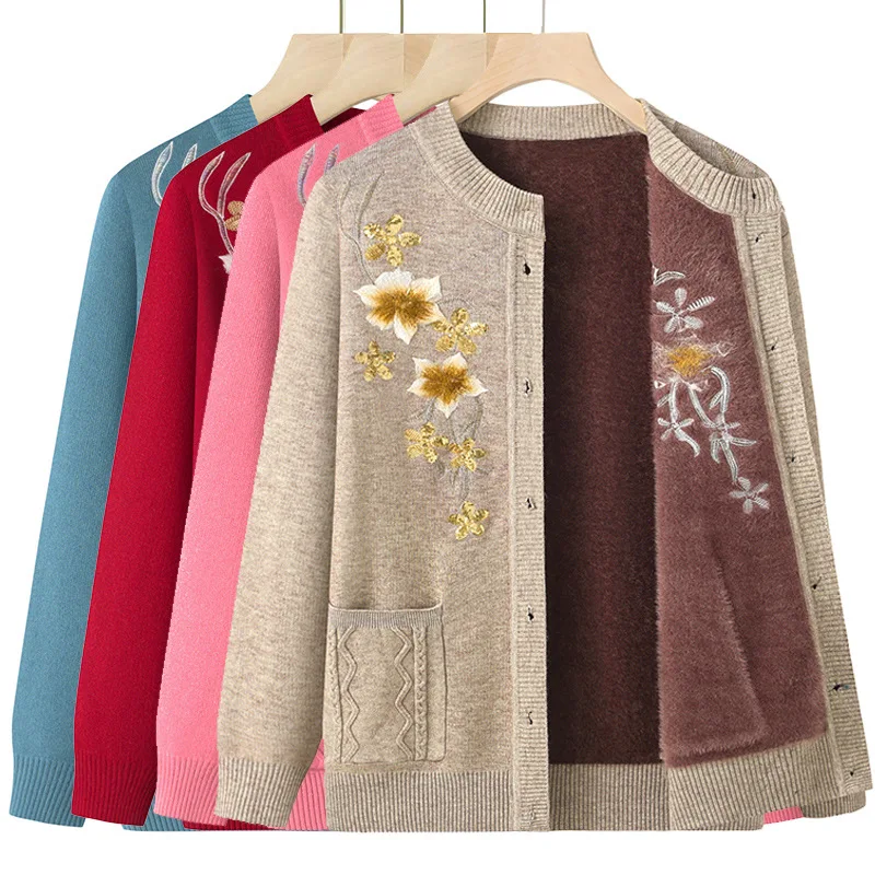 Top Trends: Printed Autumn Winter Warm Jacket For Middle-Aged Mother Cardigan Grandma&#039;s Sweater Thicken Plus Velvet Knitting Coat Women Shoppable Styles