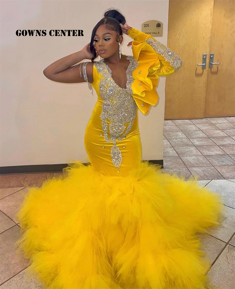 Top Trends: Yellow Velvet Long Sleeve Prom Dresses For Black Girls Ruffel One Shoulder Mermiad Wedding Party Gowns With Tassels Tulle Train Shoppable Styles