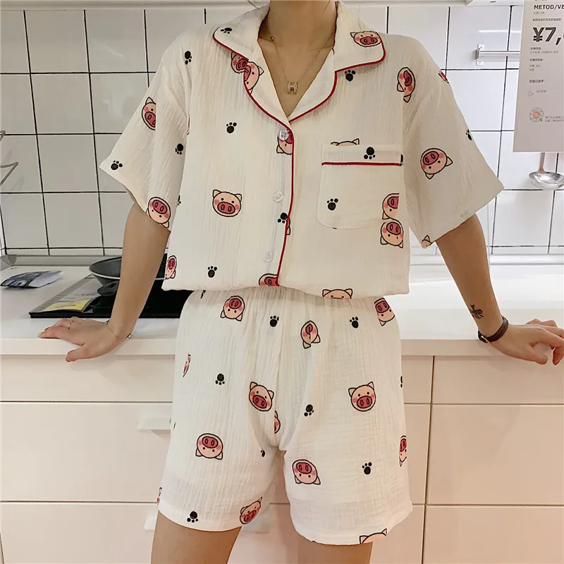 Top Trends: Cartoon Pig Print Summer Pajamas Set Women Single Breasted Shirts + Shorts Suit Cotton Kawaii Korean Home Suit Pink White Shoppable Styles