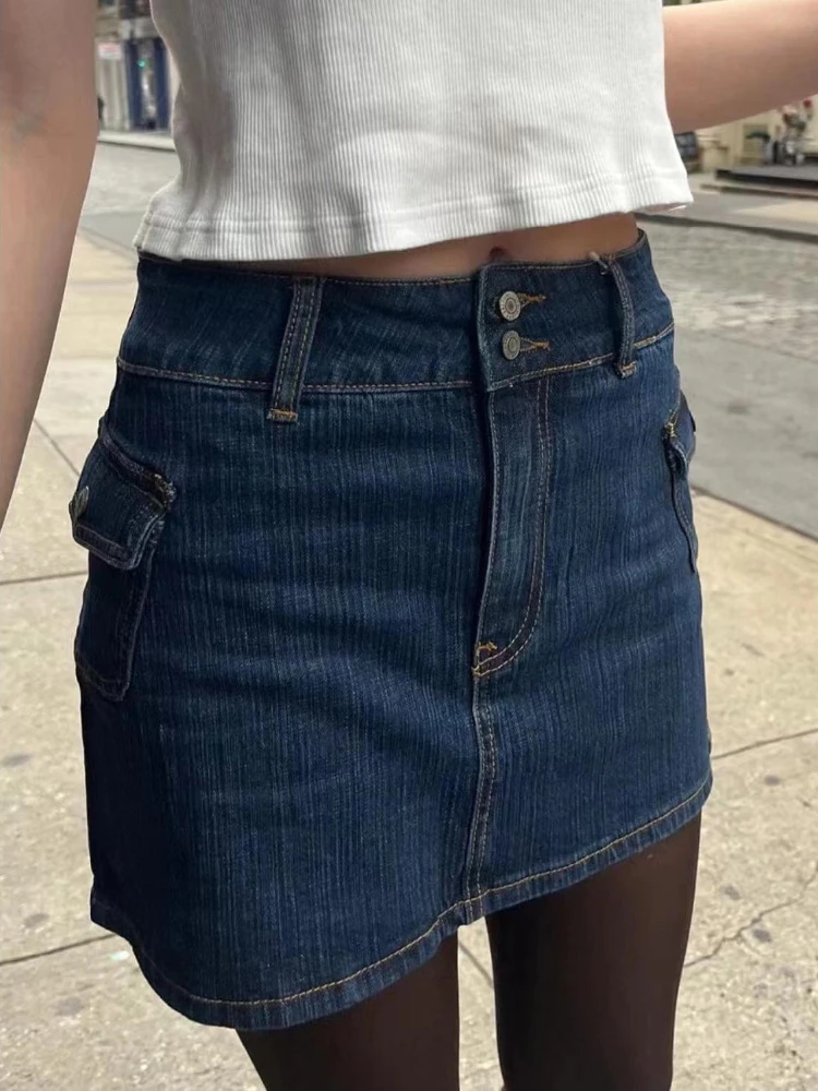 Top Trends: DEEPTOWN Vintage Denim Skirt Women Streetwear High Waist A-line Slim Pockets Patchwork Jean Mini Skirt Summer Y2k Korean Fashion Shoppable Styles