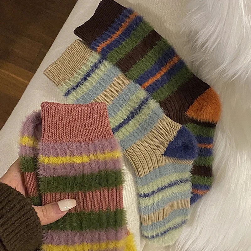 Top Trends: Autumn Women Knitted Retro Sweet Korean Striped Spring Winter Fluffy Warm Socks Home Mid-tube Cotton Thick Thread Needles Furry Shoppable Styles