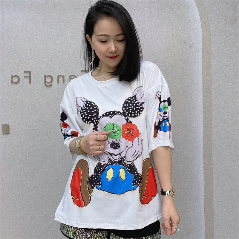 Top Trends: Fashion Short Sleeve T Shirt For Women Summer Clothing Casual Personality Cartoon Pattern Beading Loose O Neck Female Tops Tee Shoppable Styles