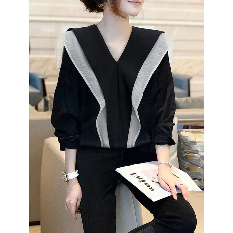 Top Trends: Fashion V-Neck Spliced Folds Ruffles Blouses Women&#039;s Clothing 2023 Autumn Winter Loose Office Lady Pullovers Casual Shirts Shoppable Styles