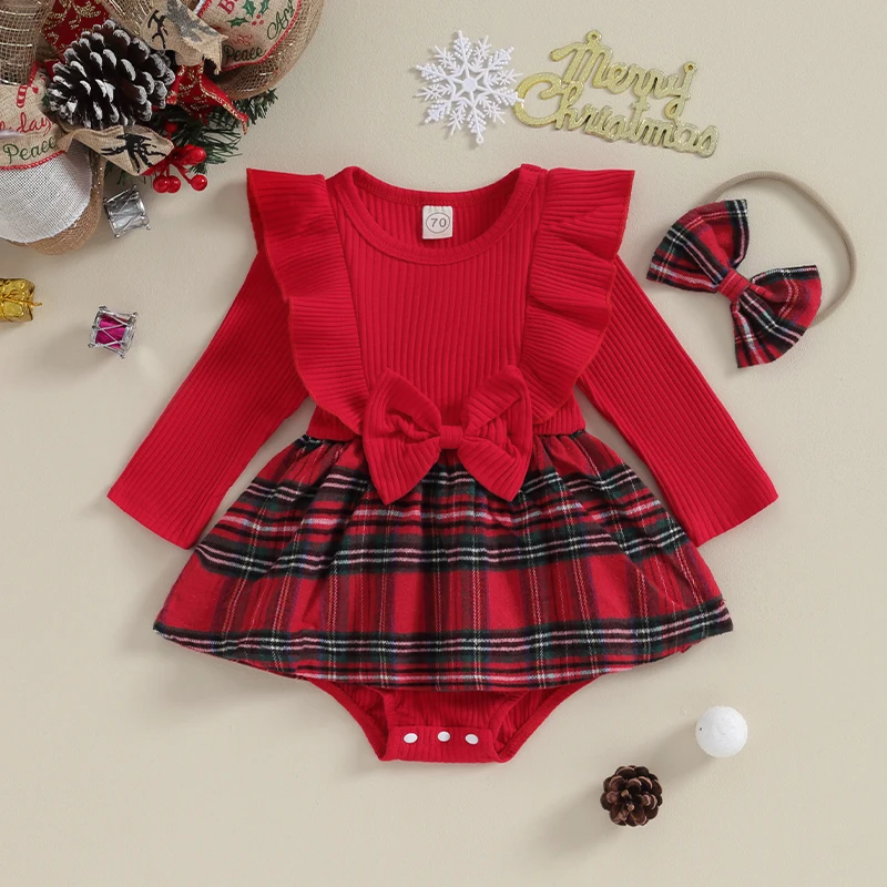 Top Trends: Christmas 0-2Y Baby Girls 2Pcs Outfits Long Sleeve Bow Front Plaid Romper With Headband Set Newborn Clothes Shoppable Styles