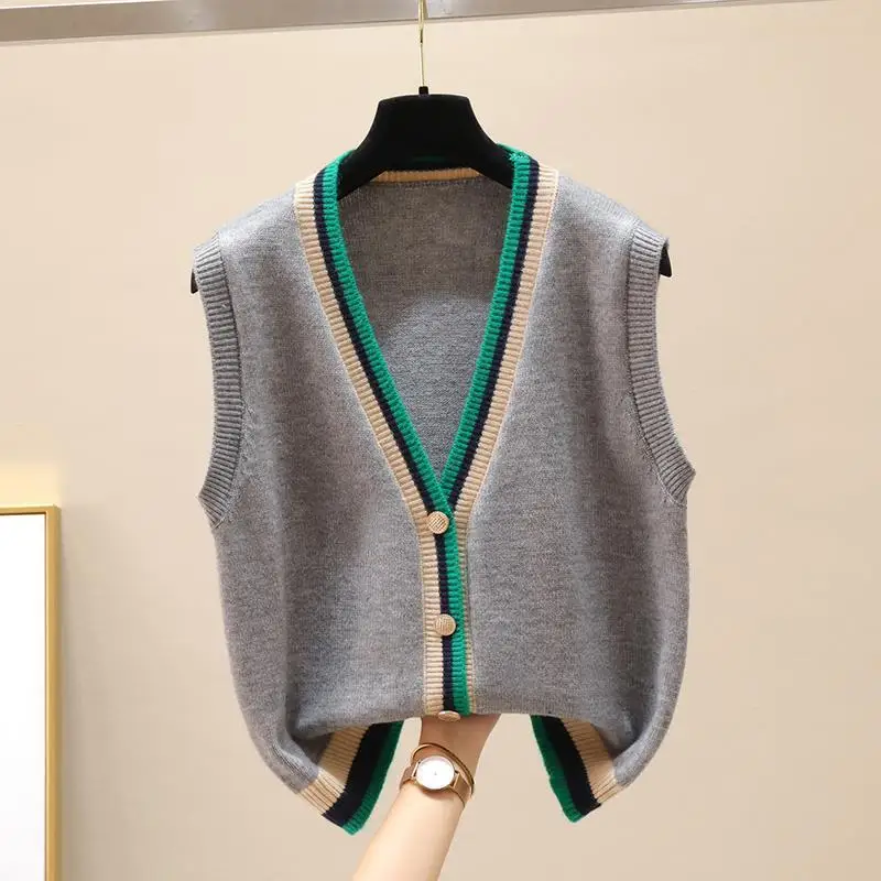 Top Trends: Contrast Color V-neck Sleeveless Knitted Women&#039;s Trendy Fashion 2023 Autumn Winter Preppy Style Cardigan Button Vest Coat Tops Shoppable Styles