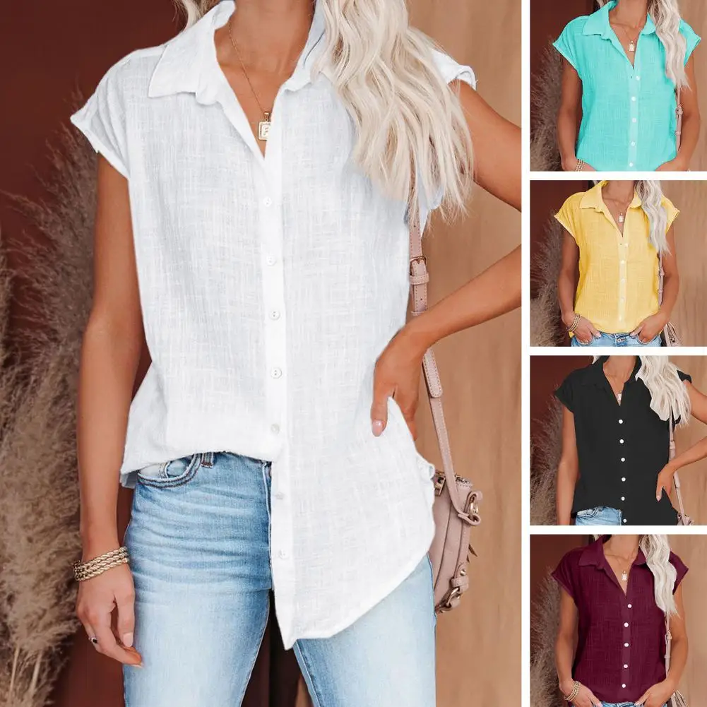 Top Trends: New Women Shirt Turn-down Collar Single-breasted Sweat Absorption Short Sleeves Dress-up Cotton Flax Shirt Lapel Top Clothing Shoppable Styles