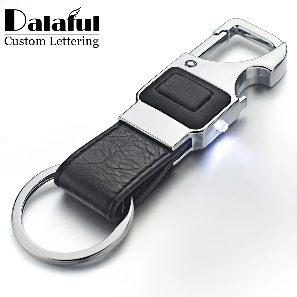 Top Trends: Dalaful Custom Lettering Keychain LED Lights Lamp Beer Opener Bottle Multifunctional Leather Men Car Key Chain Ring Holder K355 Shoppable Styles