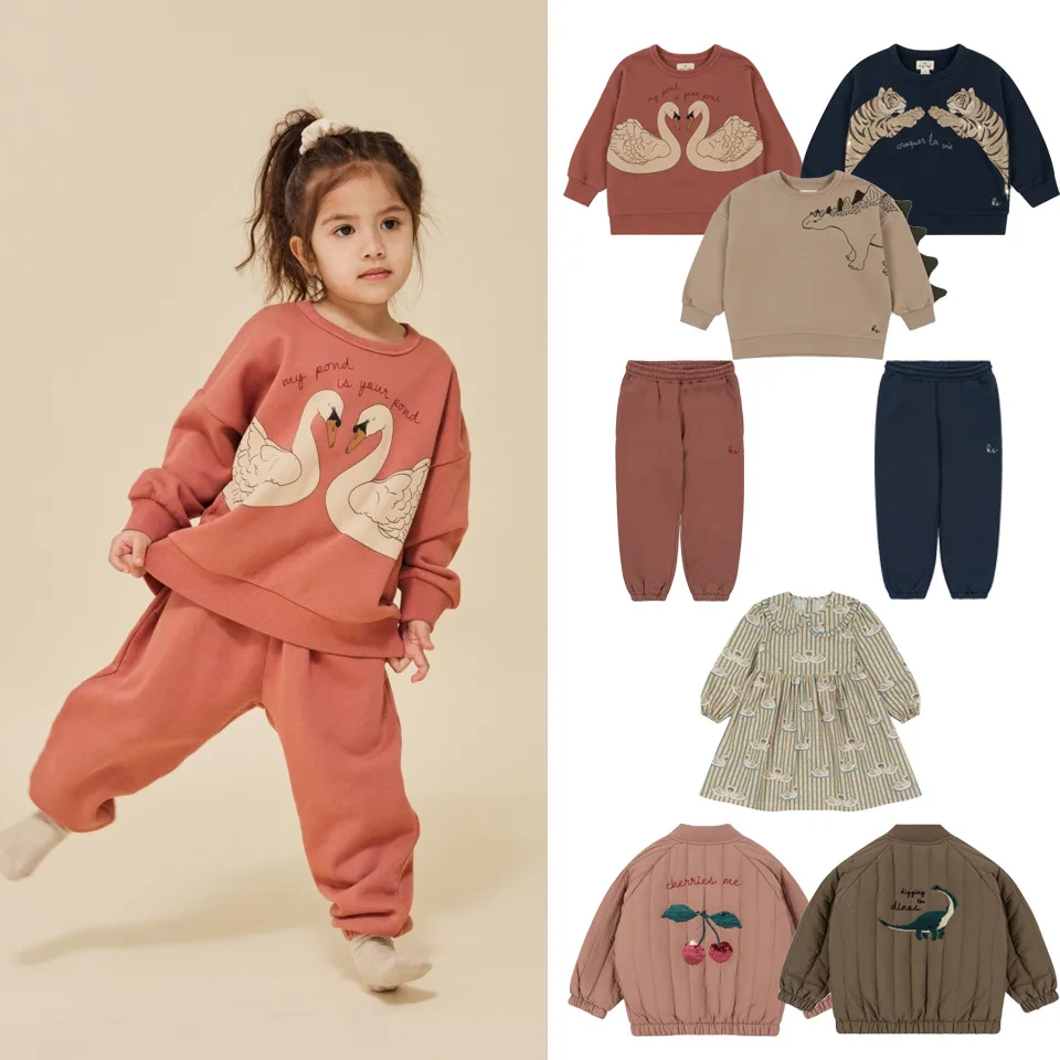 Top Trends: Autumn Konges Slojd Kids Clothing Baby Boys Fleece Cotton Sweatshirts Girls Cartoon Swan Dinosaur Pullover Children Top Trousers Shoppable Styles