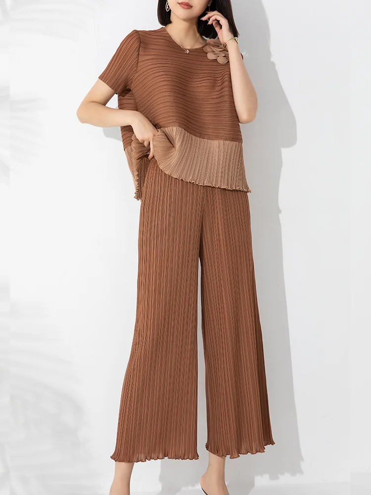 Top Trends: Miyake Pleated Fashion Set Two-Piece Women 2023 Summer New Contrast Color Pullover Top High Waist Tight Edge Straight-Leg Pants Shoppable Styles