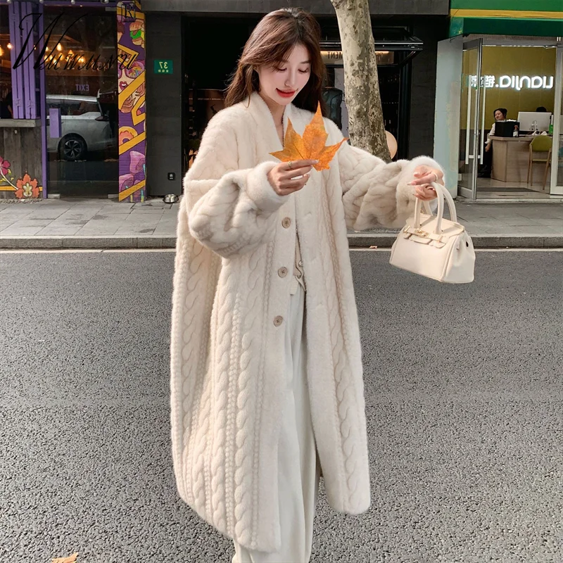 Top Trends: Korean Fashion Long Faux Fur Coats Women Fall Winter Warm V-Neck Rabbit Plush Chaquetaes 2024 New Loose Elegant Thick Outerwear Shoppable Styles