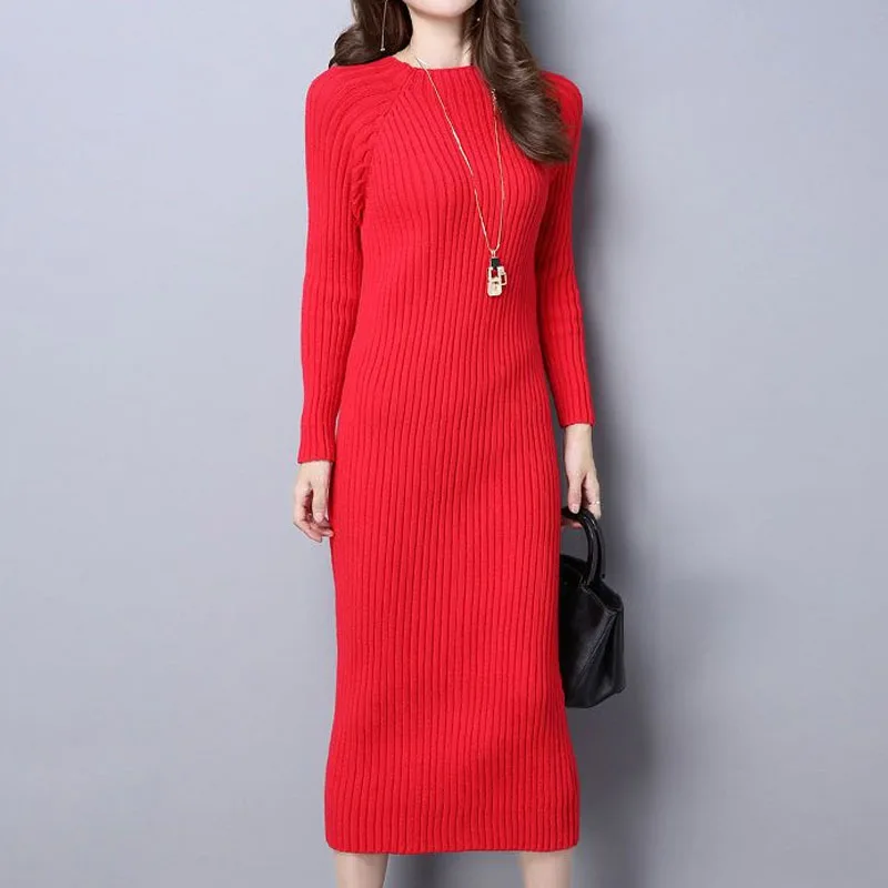 Top Trends: Slim Simplicity Women&#039;s Solid Color Knitted Dress Autumn Winter Elegant Long Sleeve O-Neck All-match Dresses Female Clothing Shoppable Styles