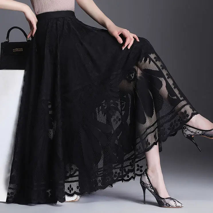 Top Trends: Lace Skirt Women's New A-word Long Skirt Big Swing Gauze Hollow Pleated Skirt Shoppable Styles