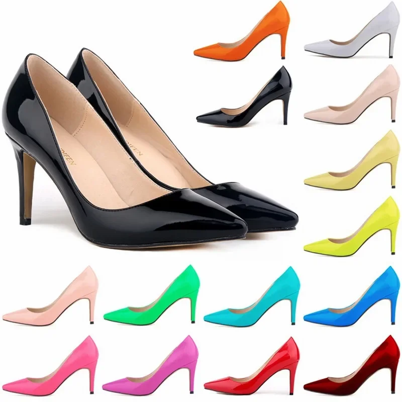 Top Trends: Women Pumps Patent Leather 8CM High Heels Wedding Shoes Concise Pointed Toe Thin Heels Designer Shoes Women Luxury Design Shoppable Styles