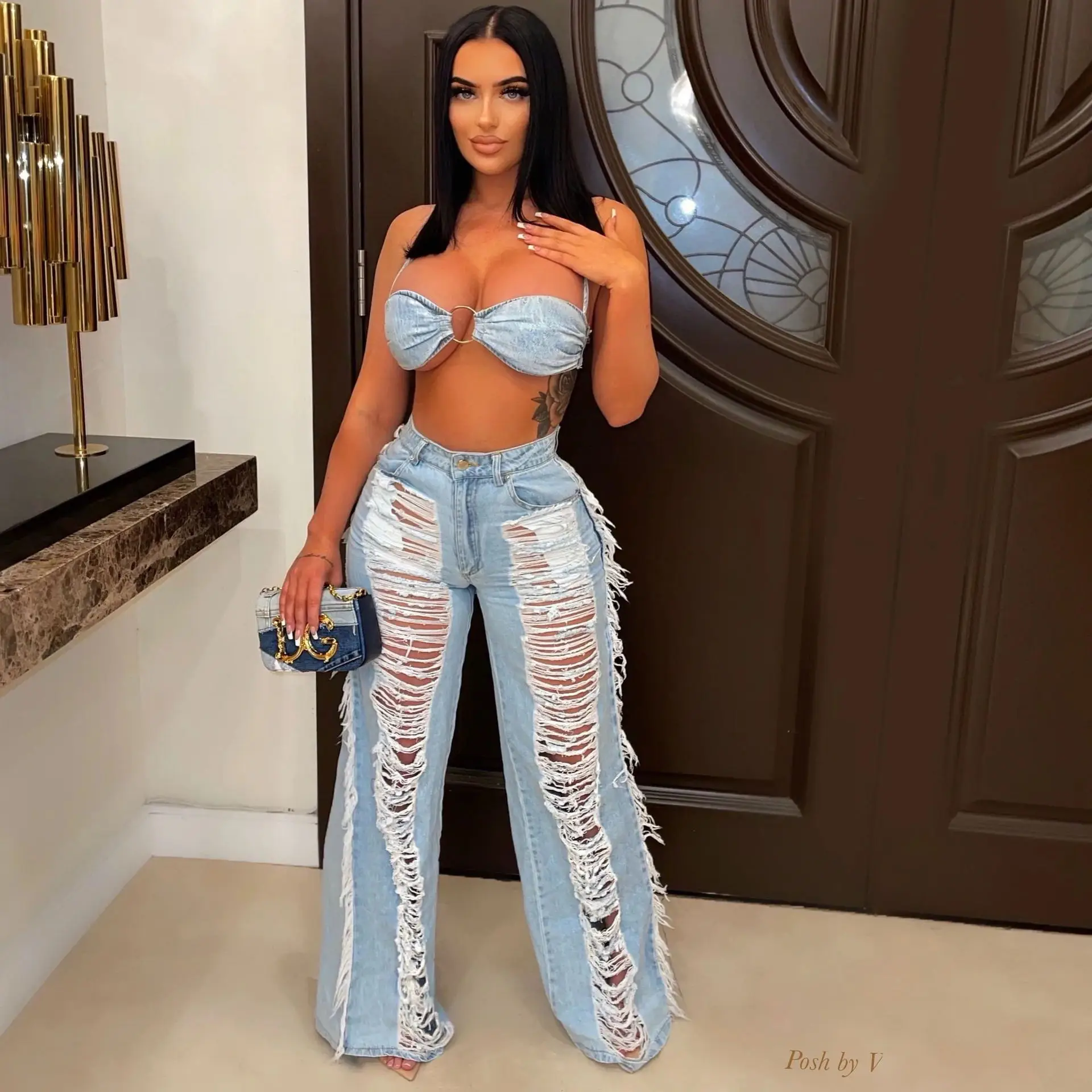 Top Trends: Denim Sexy Two Piece Sets Women Outfits Y2K Streetwear 2023 Ladies Summer Denim Jeans Ripped Pant Bikini Top 2 Piece Set Outfits Shoppable Styles