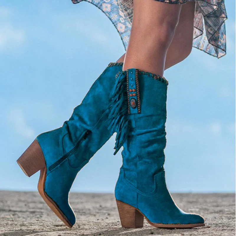 Top Trends: Blue Women Boots Fashion Tassels Cowgirl Boots For Women Winter 2023 Chunky Heels Ridding Boots With Side Zip Cowboy Boots Shoes Shoppable Styles