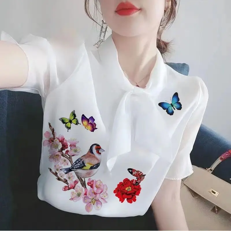 Top Trends: Fashion Printed Spliced Lace Up Floral Chiffon Blouse Women's Clothing 2023 Summer New Oversized Casual Tops Office Lady Shirt Shoppable Styles