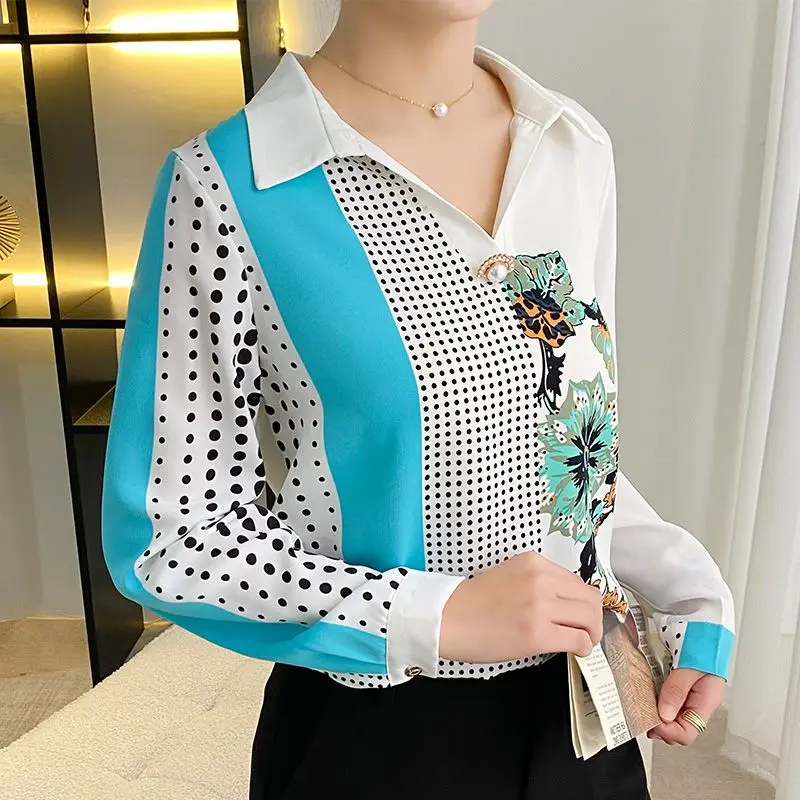 Top Trends: Women's Clothing Fashion Vintage Printed Spliced Long Sleeve Shirt Autumn Korean Casual Polo-Neck Beading Blouse For Female Shoppable Styles - Image 2