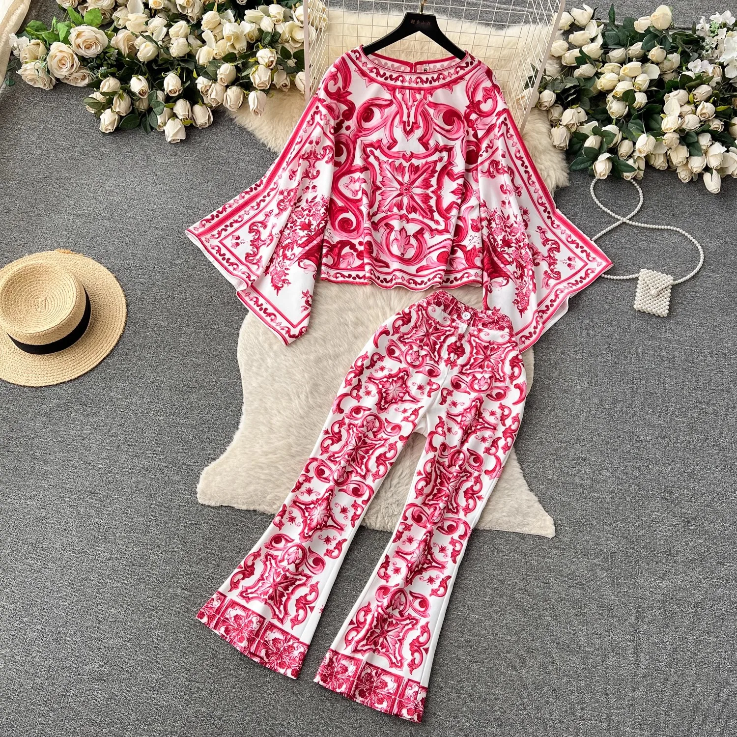 Top Trends: Summer Runway Blue And White Porcelain Two Piece Suit Women Flare Sleeve Blouse Shirts + Printed Wide Leg Cropped Pants Sets Shoppable Styles