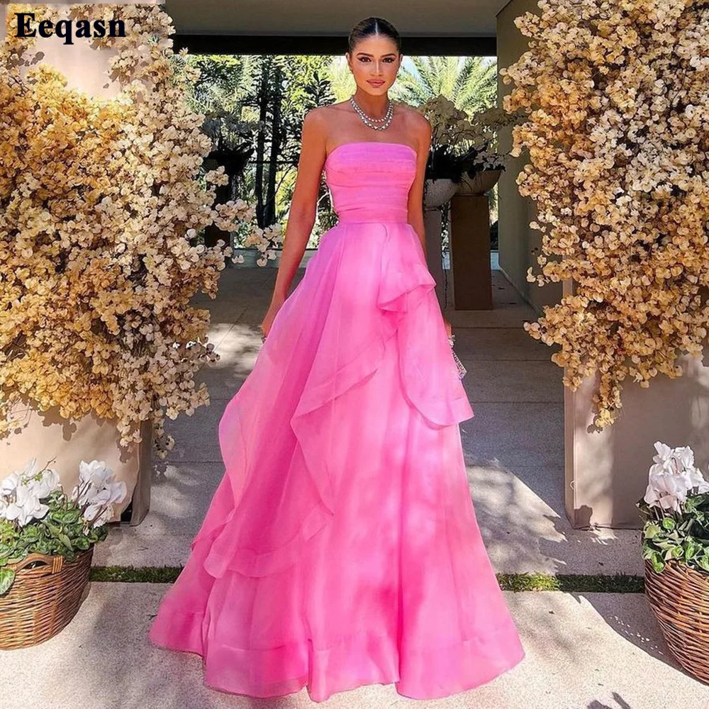 Top Trends: Simple Hot Pink Ruffles Organza Prom Dresses Pleated Strapless Women Formal Evening Dress Special Party Gowns Bridesmaid Dress Shoppable Styles