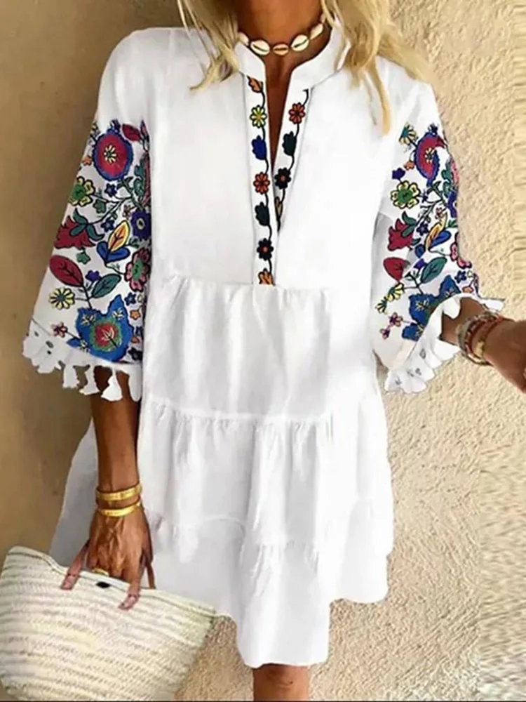 Top Trends: Summer Fashion Tassel Mini Dress Woman 2023 Vintage Print V Neck 3 / 4 Sleeve Party Dresses Women Casual Loose Beach Dress Shoppable Styles