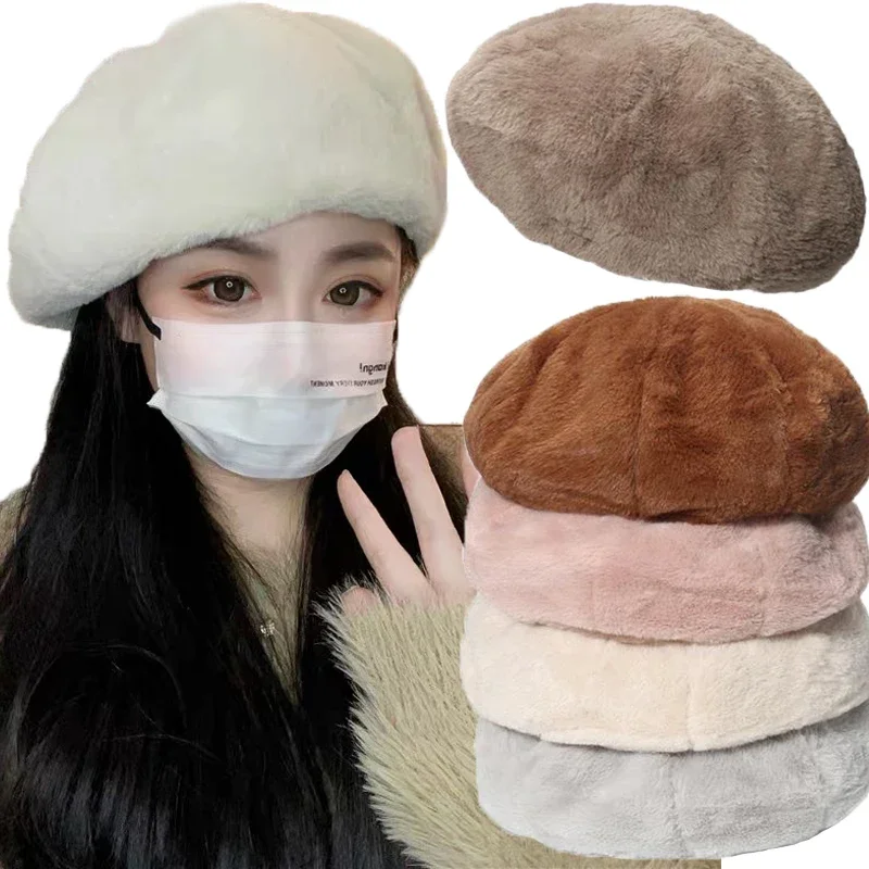 Top Trends: Solid Color Rabbit Fur Hat Women Autumn Winter Warm All-match Beret Caps Sweet Cute Painter Hats Newsboy Painter Berets Cap Shoppable Styles