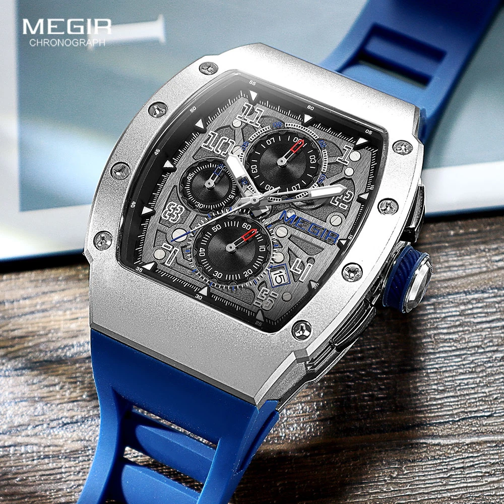 Top Trends: MEGIR Chronograph Quartz Watch For Men Luxury Stainless Steel Quartz Wristwatch With Luminous Hands Auto Date Blue Silicone Band Shoppable Styles