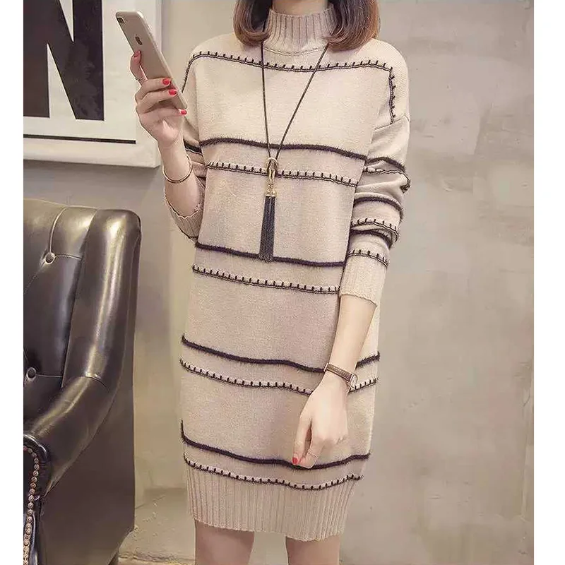 Top Trends: Fashion Knitted Spliced Loose Striped Casual Dresses Female Clothing 2023 Autumn New Long Sleeve Mini Dress Shoppable Styles