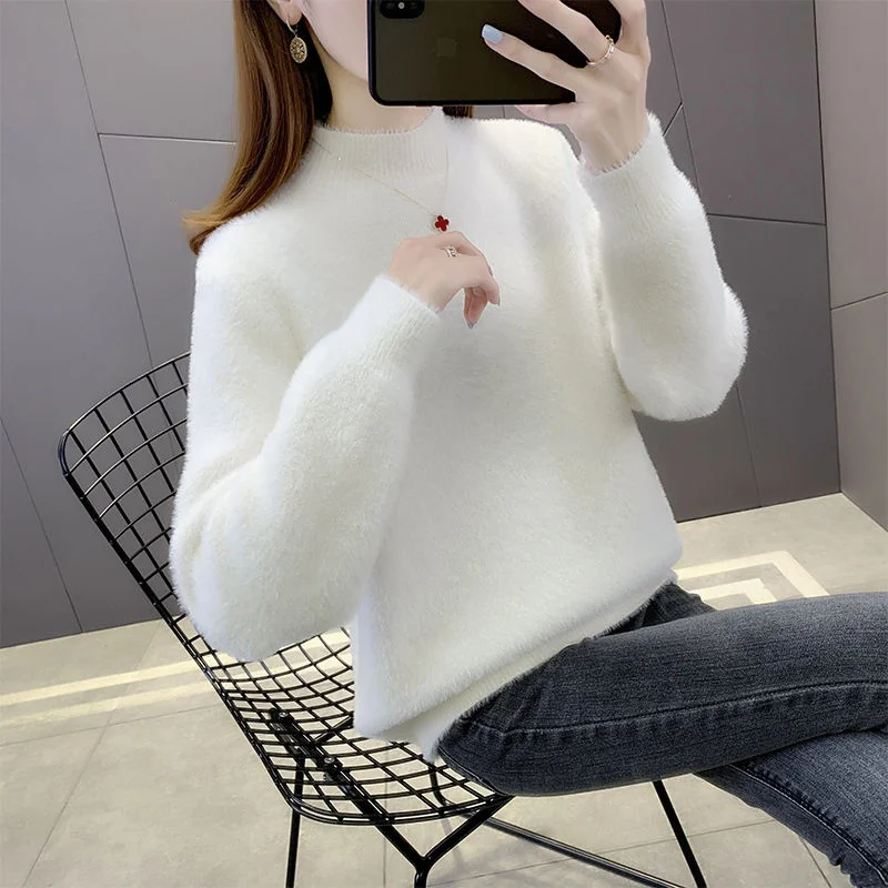 Top Trends: Fluffy Soft Thick Warm Half High Collar Knitted Sweater For Women Autumn Winter Korean Style Solid Long Sleeve Pullovers Jumpers Shoppable Styles