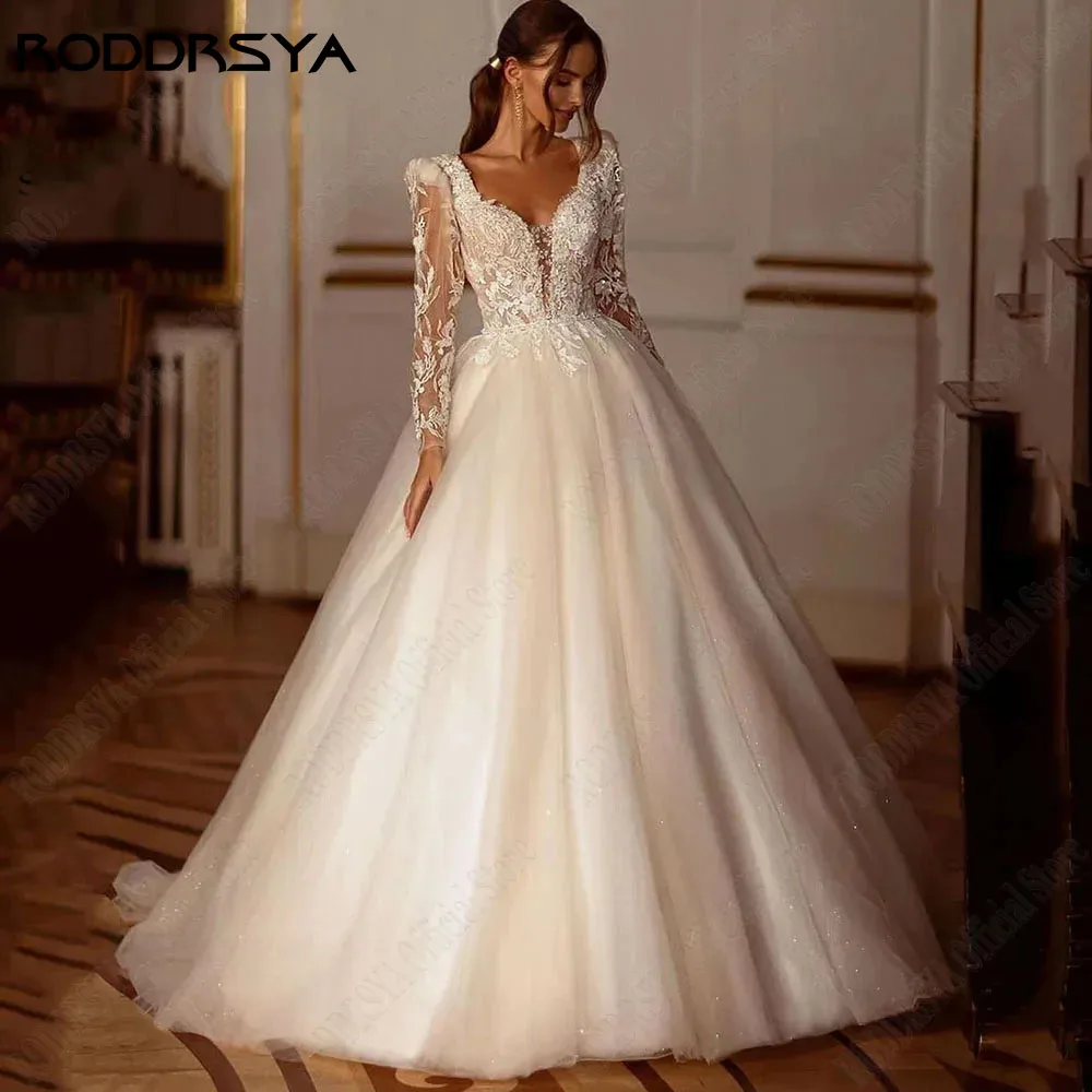 Top Trends: RODDRSYA Luxury Shiny Long Sleeves Wedding Dress A-Line Lace Up Bridal Gowns Applique Beading Square Collar Vestido De Novia Shoppable Styles