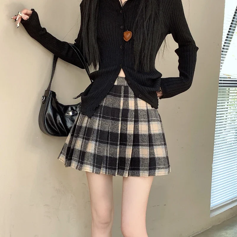 Top Trends: Autumn And Winter Woolen Plaid Skirt Women High Waisted Thin Versatile A-line Pleated Skirt Female Students Mini Skirt Shoppable Styles