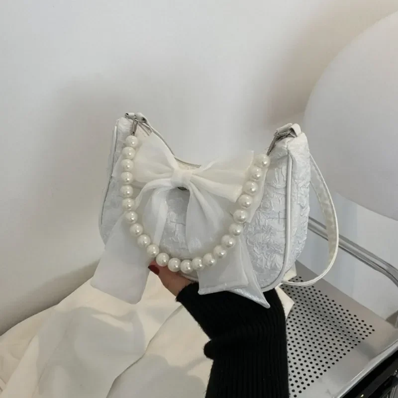 Top Trends: Bowknot Handheld Pearl Bag Fashion Zipper Embroidery Handbag Summer Popular Crossbody Bag Women Printing Soft Fabric Trendy Shoppable Styles