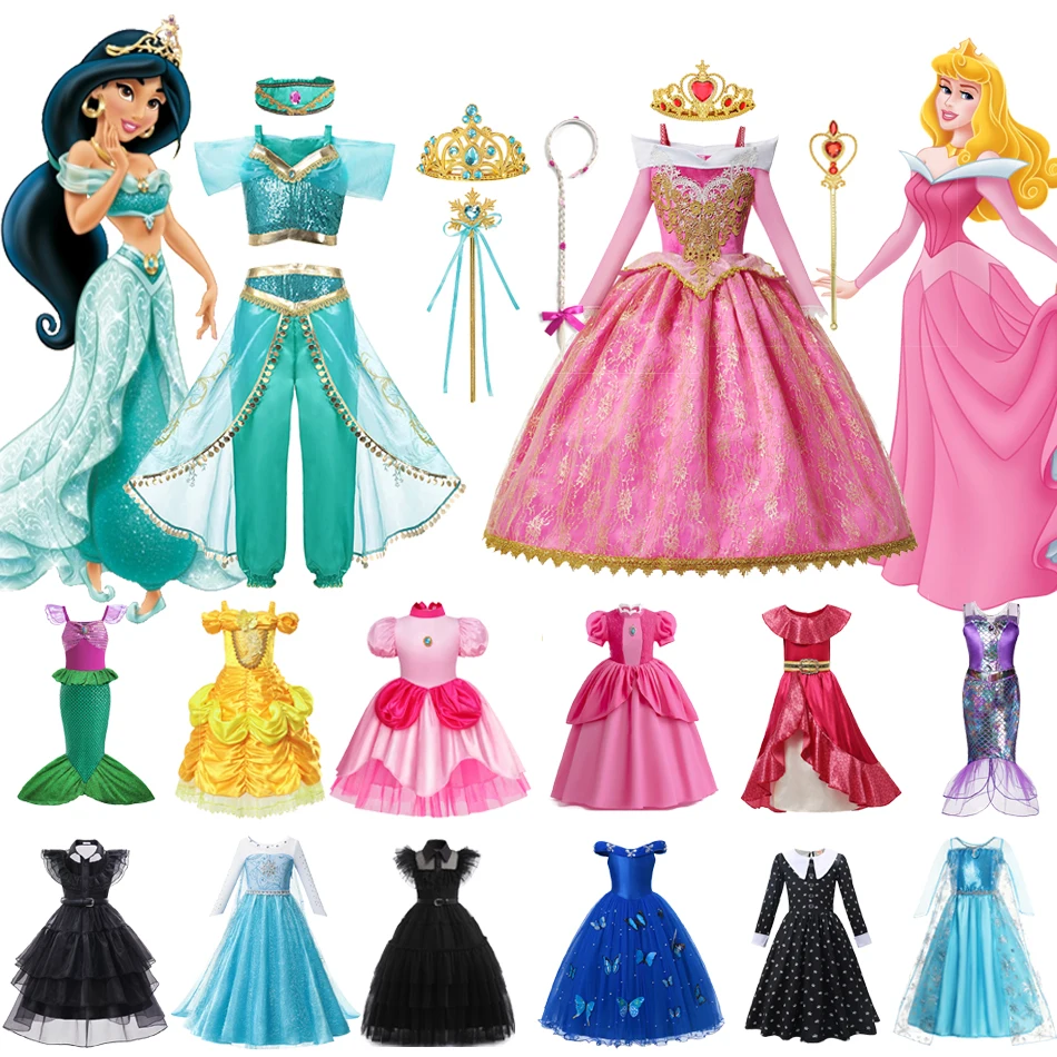 Top Trends: Disney Jasmine Aurora Wednesday Princess Dress Elsa Peach Mermaid Kids Halloween Prom Vestidos Girls Cinderella Cosplay Costume Shoppable Styles