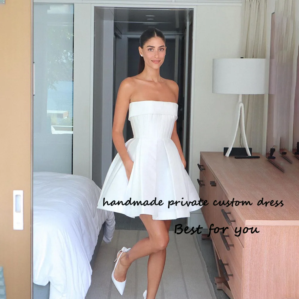 Top Trends: White Satin Strapless Wedding Party Dresses With Pockets A Line Short Ball Gowns Bride Dress Back Lace Up Shoppable Styles