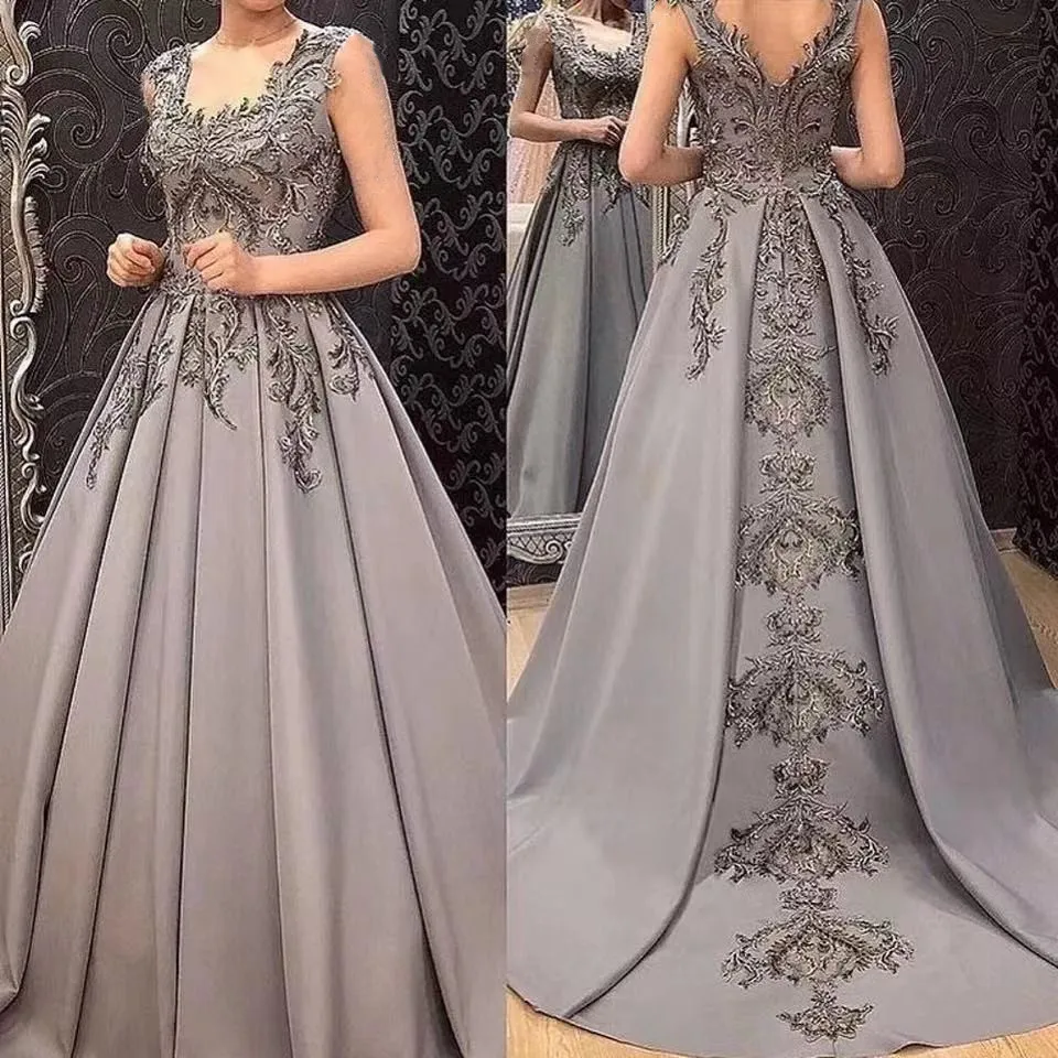 Top Trends: Kiss Dress 2023 Evening Dresses Gray Satin Long Women Formal Party Night Robe De Soiree Elegant Appliques Sleeveless Prom Dress Shoppable Styles