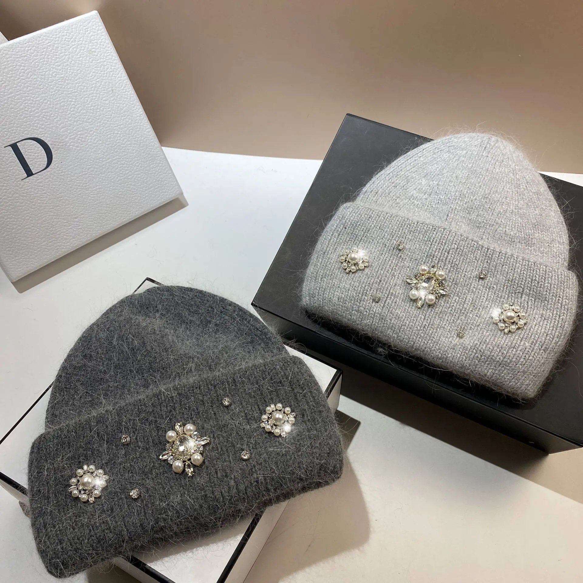 Top Trends: Designer Brand Women Luxury Rhinestones Knitted Hat Autumn Winter Rabbit Fur Beanie Cap Female Thicken Warm Skullies Caps Shoppable Styles - Image 4