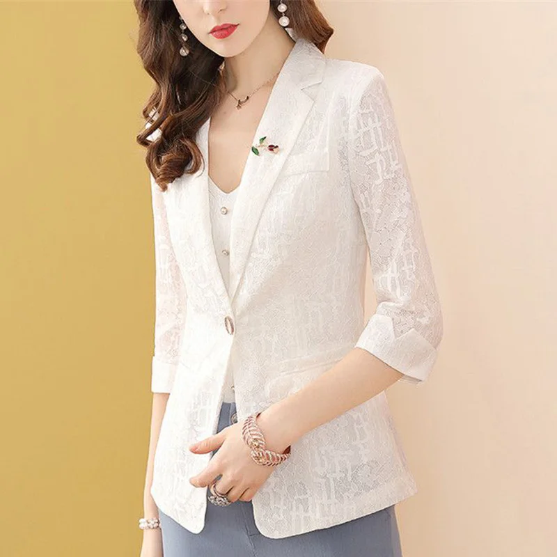 Top Trends: Elegant Solid Color Spliced Pockets Lace Blazer Women's Clothing 2023 Summer New Oversized Casual Tops Loose Office Lady Blazers Shoppable Styles - Image 5