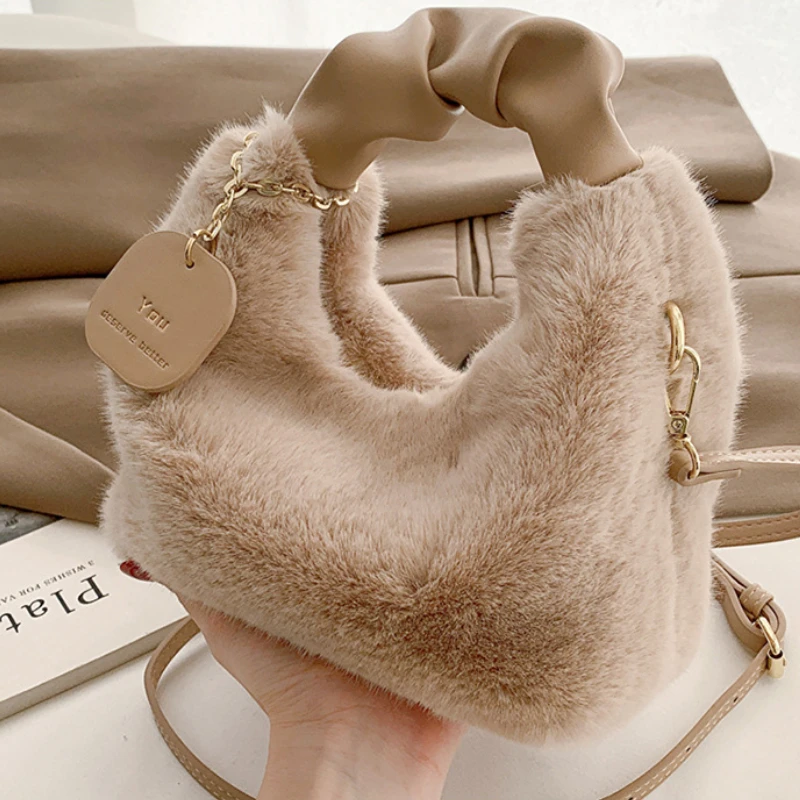 Top Trends: Women Soft Faux Fur Handbags Zipper Small Lady Shoulder Crossbody Bag Casual Tote Half-Moon Warm Plush Handbag Shoppable Styles